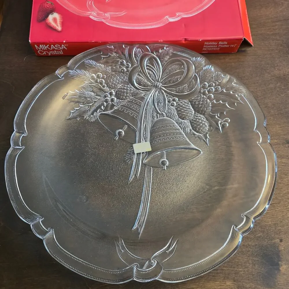Mikasa Christmas Bells Pinecones Glass Decorative Serving Platter 15
